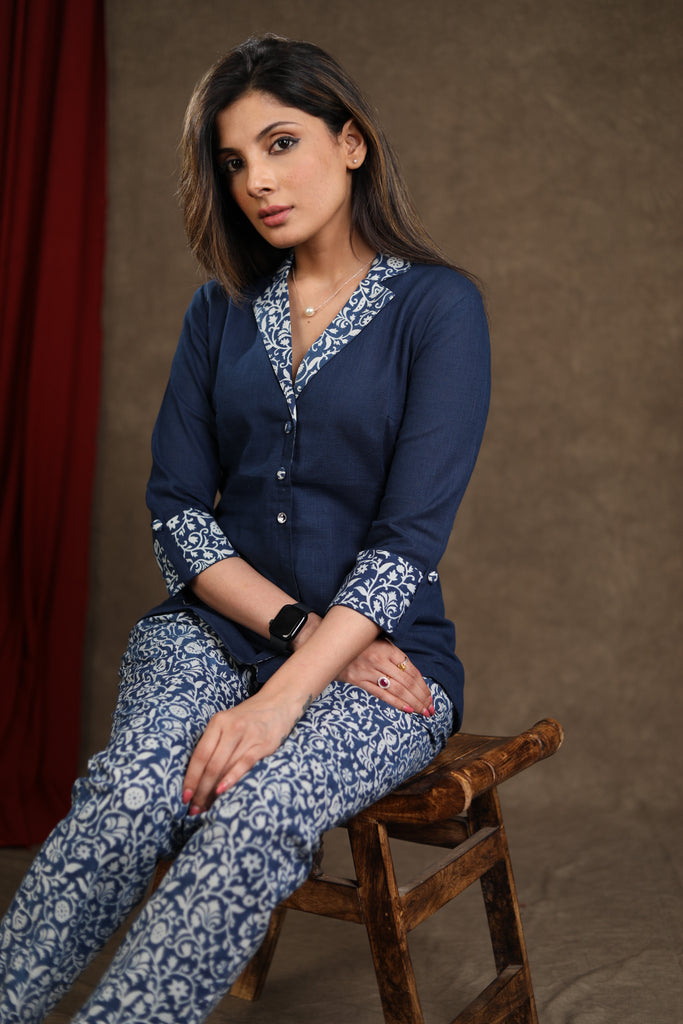 Navy Blue Cotton Indigo Combination Top With Indigo Pant Optional