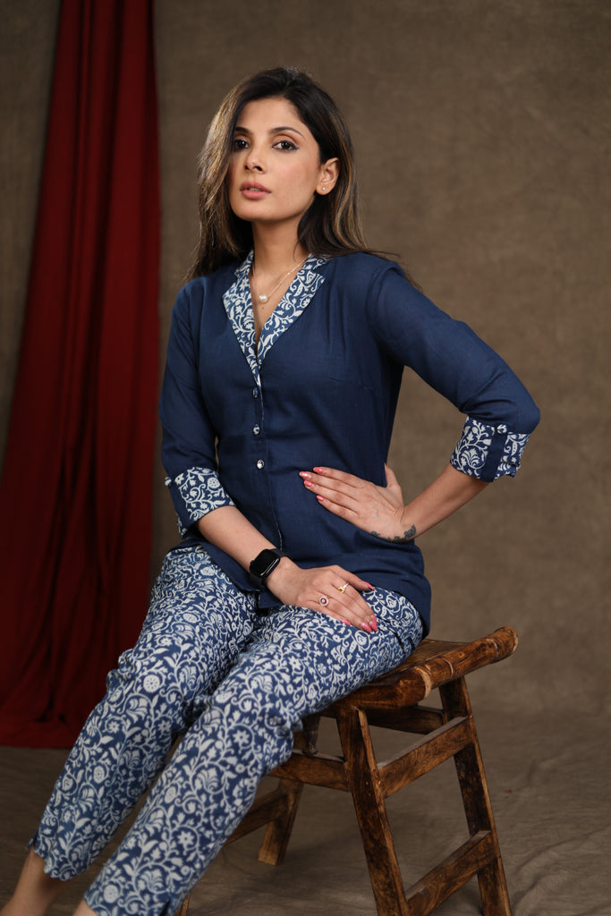 Navy Blue Cotton Indigo Combination Top With Indigo Pant Optional