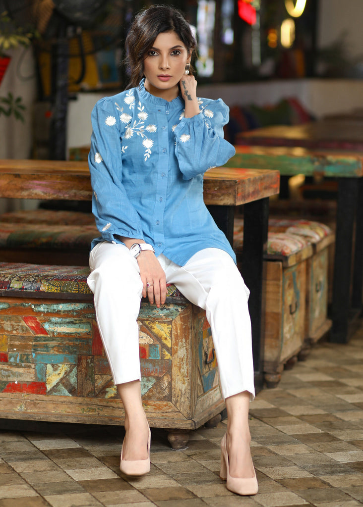 Casual Powder Blue Cotton Shirt with Beautiful Floral Embroidery