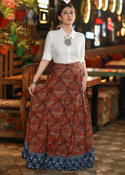 Beautiful Kalamkari Long Skirt Highlighted with Indigo Border on Hemli ...