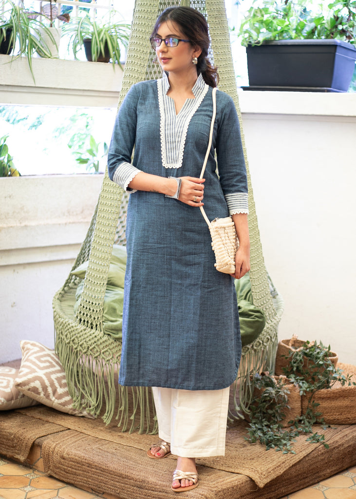 Beautiful Pure Cotton Cobalt Blue with Striped Star Collar Kurta - Pant Optional