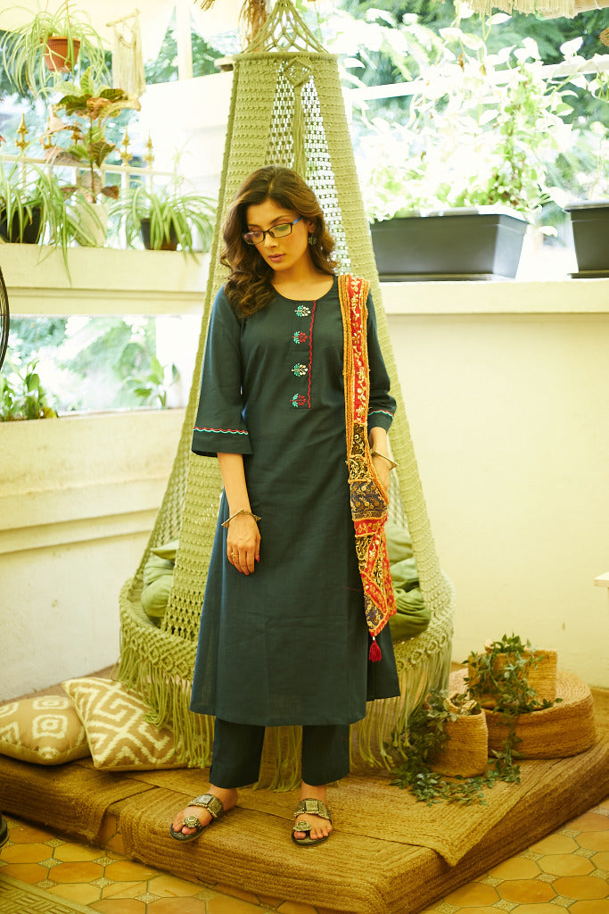 Elegant Cotton Green Embroidered Kurta - Pant Optional