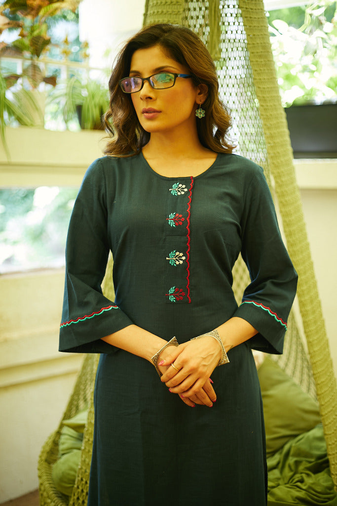 Elegant Cotton Green Embroidered Kurta - Pant Optional