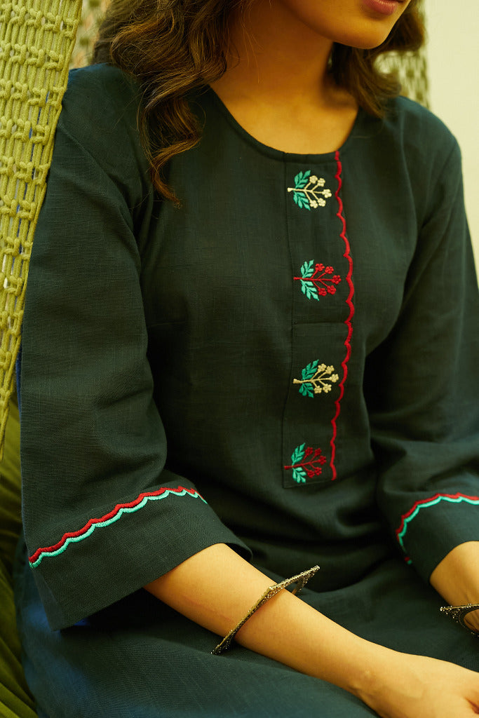 Elegant Cotton Green Embroidered Kurta - Pant Optional