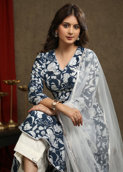 Exquisite Navy Blue Floral Printed A-Line Flared Kurta Highlighted With Beautiful Lace - Pant Optional