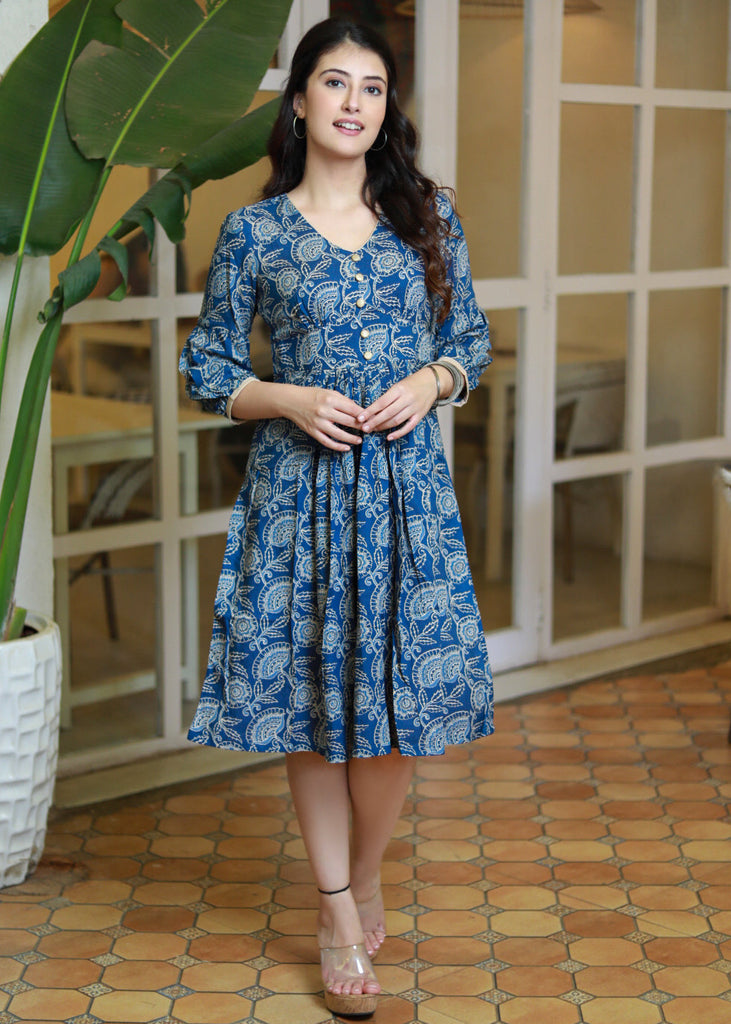 ON-SALE-trendy-ink-blue-floral-gathered-dress