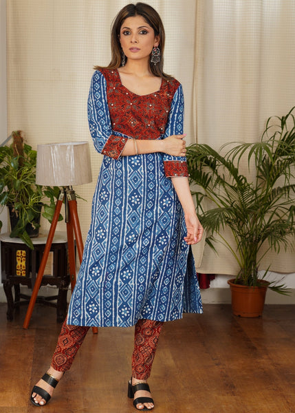 ON-SALE-sale-graceful-straight-cut-cotton-indigo-kurta-with-ajrakh-yoke-and-golden-beads