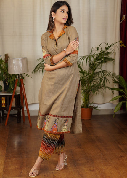 ON-SALE-smart-straight-cut-cotton-ikat-combination-kurta-with-hand-painted-gond-art-on-sleeves-and-borders