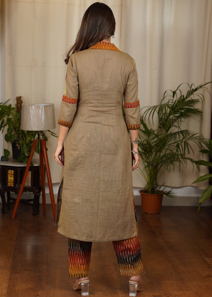 ON-SALE-smart-straight-cut-cotton-ikat-combination-kurta-with-hand-painted-gond-art-on-sleeves-and-borders