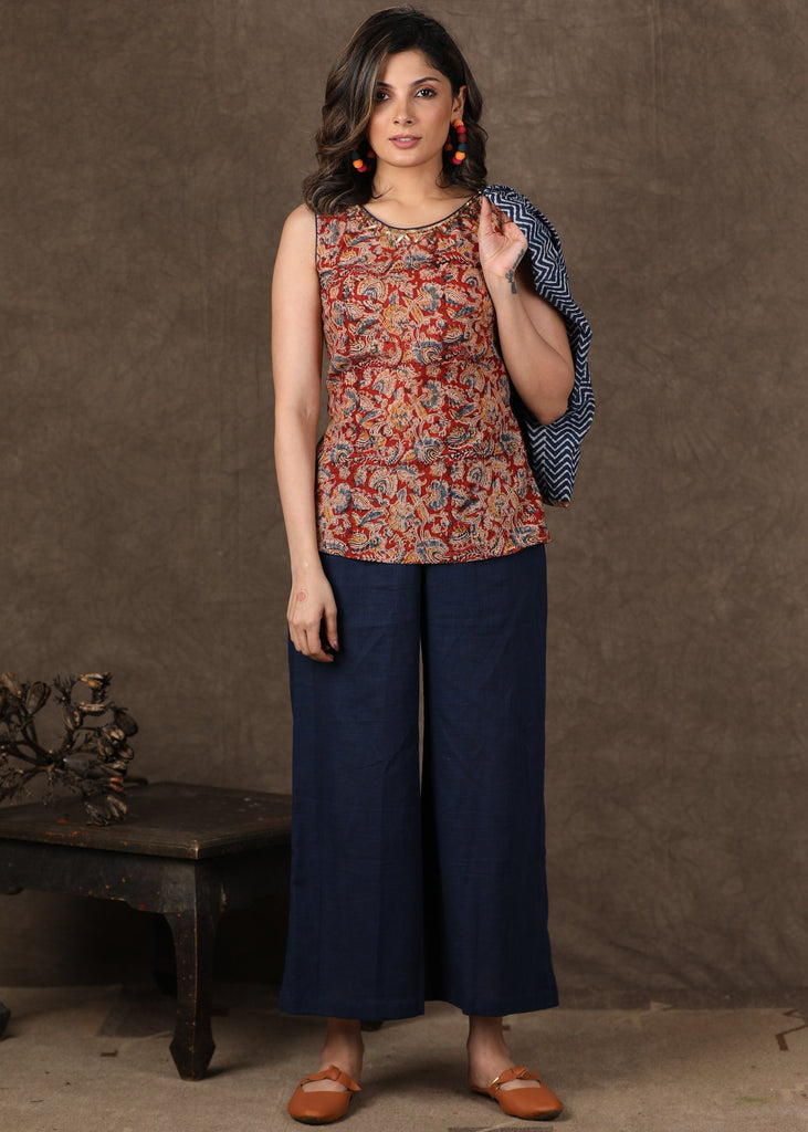 Elegant Cotton Kalamkari Top with Antique Gold Hand Embroidery Indigo Shrug -2 Piece (Top & Shrug Set) Pants Optional