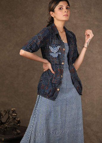 Exclusive Ajrakh Block Printed Shirt Jacket With Applique Work with inner
