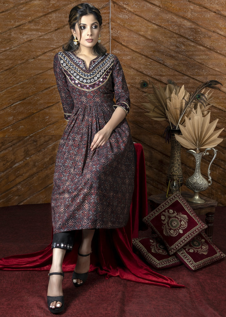 ON SALE Exclusive black Ajrakh Kurta & pant set with heavy hand embroidery - Dupatta optional.