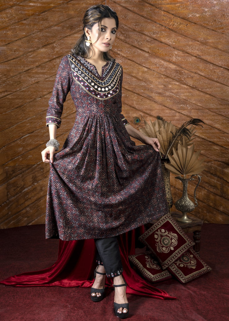 ON SALE Exclusive black Ajrakh Kurta & pant set with heavy hand embroidery - Dupatta optional.