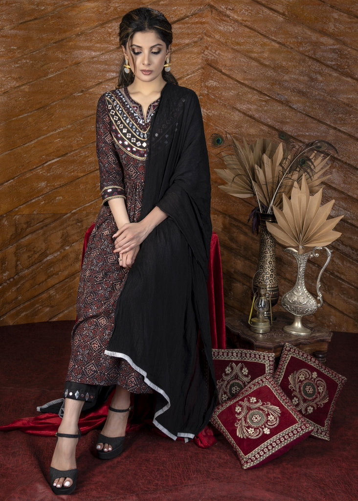 ON SALE Exclusive black Ajrakh Kurta & pant set with heavy hand embroidery - Dupatta optional.