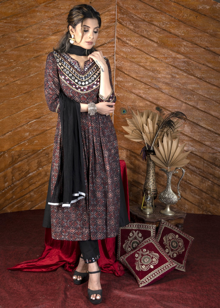 ON SALE Exclusive black Ajrakh Kurta & pant set with heavy hand embroidery - Dupatta optional.