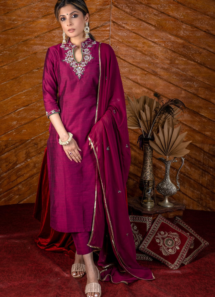 ON-SALE-magenta-cotton-silk-kurta-with-stone-work-on-yoke-with-matching-pants-dupatta-optional