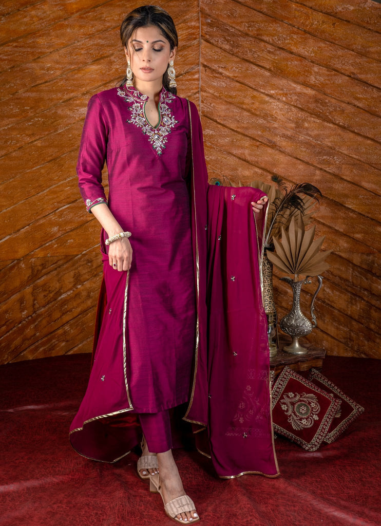 ON-SALE-magenta-cotton-silk-kurta-with-stone-work-on-yoke-with-matching-pants-dupatta-optional