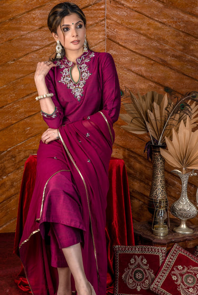 ON-SALE-magenta-cotton-silk-kurta-with-stone-work-on-yoke-with-matching-pants-dupatta-optional