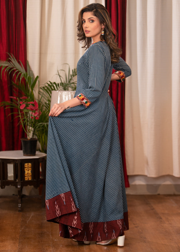 ON-SALE-beautiful-cotton-indigo-striped-dress-with-ikat-and-handmade-kutch-embroidery