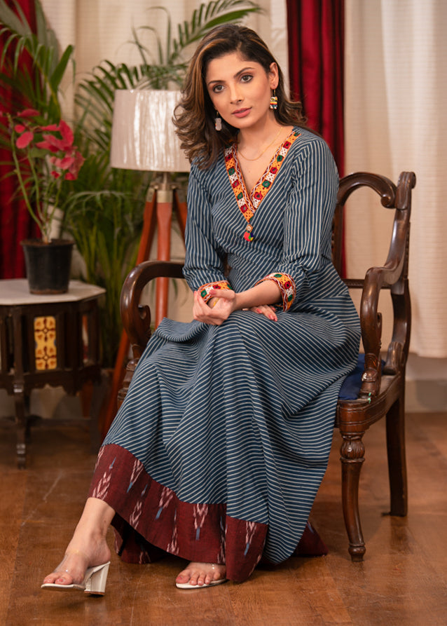 ON-SALE-beautiful-cotton-indigo-striped-dress-with-ikat-and-handmade-kutch-embroidery