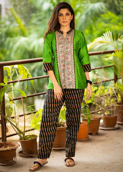 ON-SALE-exclusive-hand-painted-madhubani-cotton-top-coordinated-ikat-pant