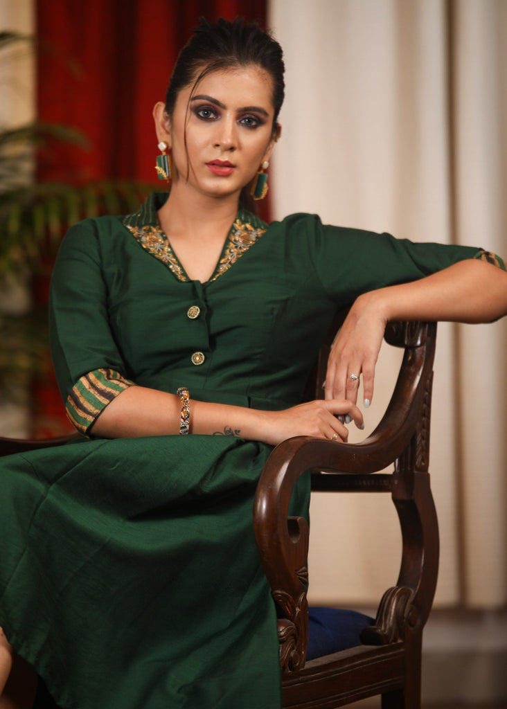 Exclusive forest green cotton silk silk with zardosi hand embroidered work on collar