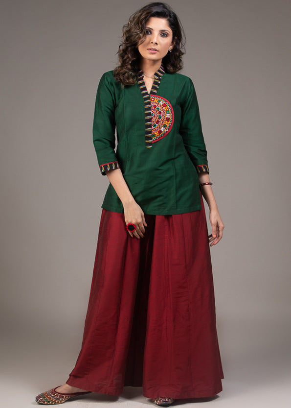 Forest green top with embroidered kutch mirror work & placket