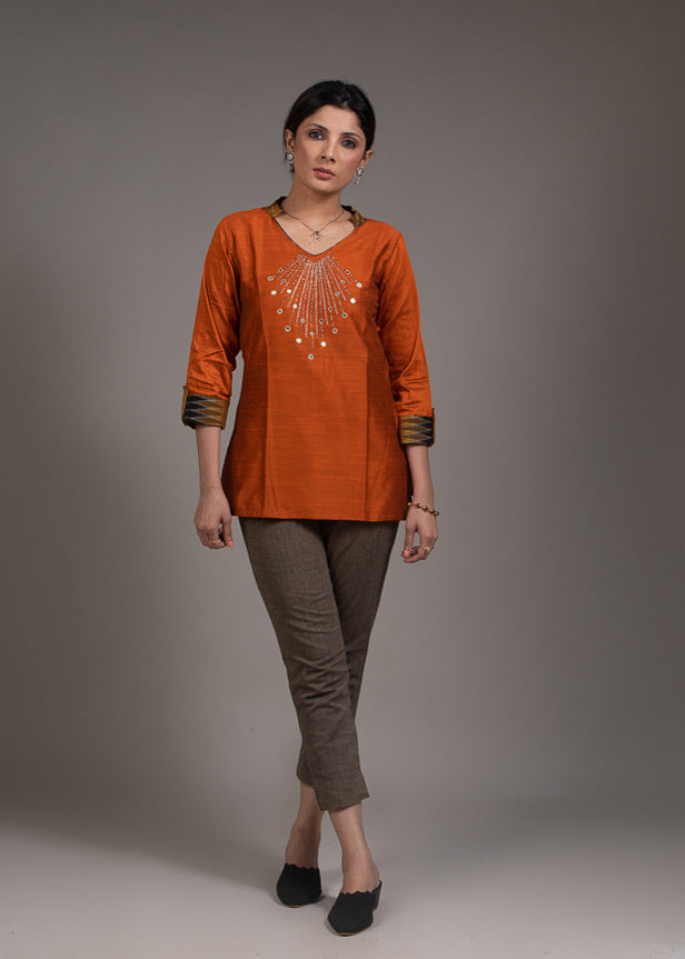 Zardosi hand embroidered mirror work rust cotton silk top