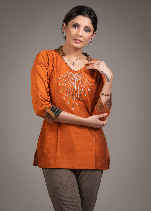 Zardosi hand embroidered mirror work rust cotton silk top