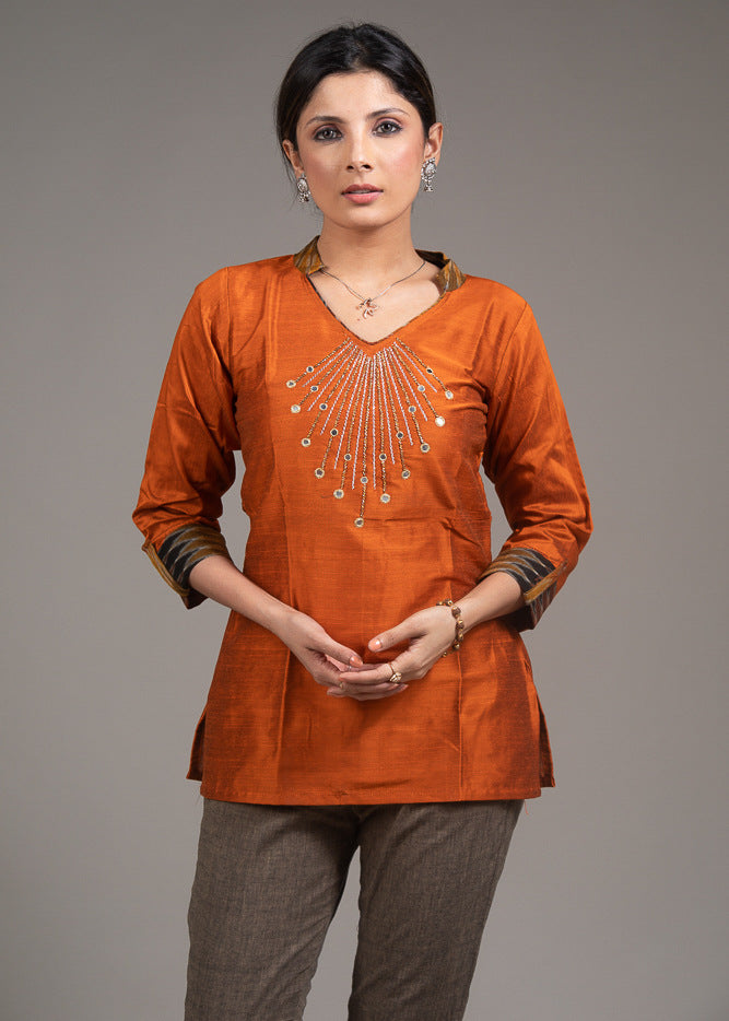 Zardosi hand embroidered mirror work rust cotton silk top