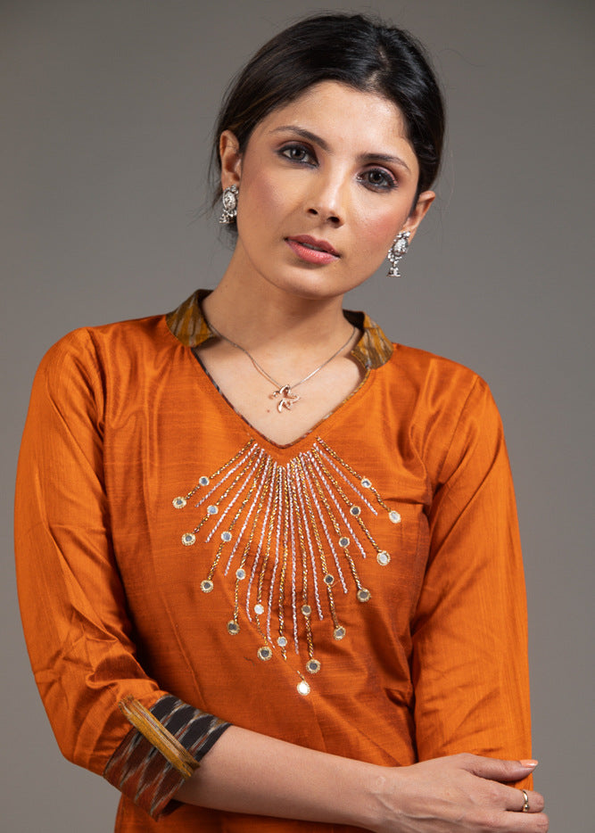 Zardosi hand embroidered mirror work rust cotton silk top