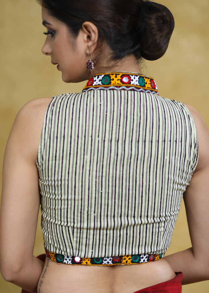 Stylish Cream Cotton Striped Sleeveless Blouse with Mirror Work Detailing