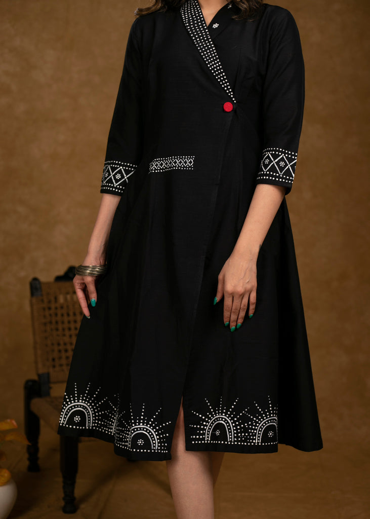 ON-SALE-chique-black-cotton-silk-overlap-hand-painted-dress