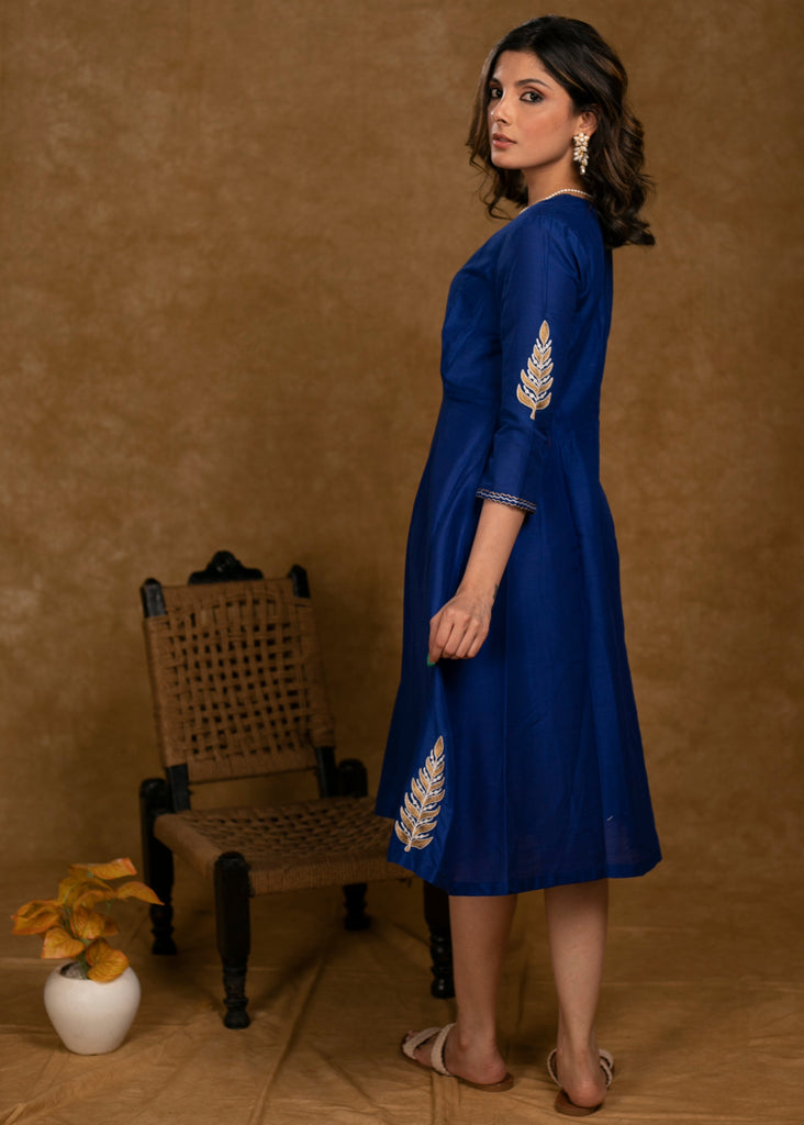 Elegant Royal Blue Cotton Silk Dress with Embroidery on Hemline and Sleeves