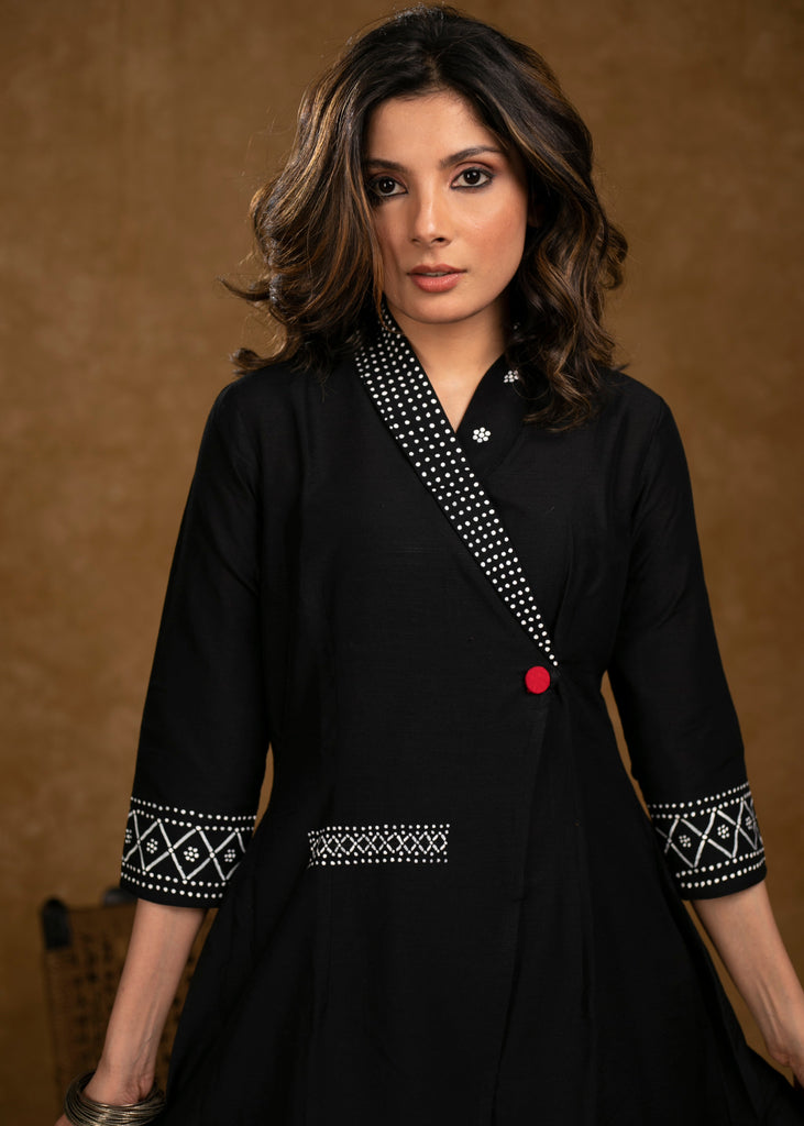 ON-SALE-chique-black-cotton-silk-overlap-hand-painted-dress