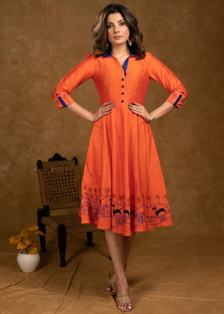 Exclusive Orange Cotton Silk Dress with Gond Painting on Hemline and Sleeves