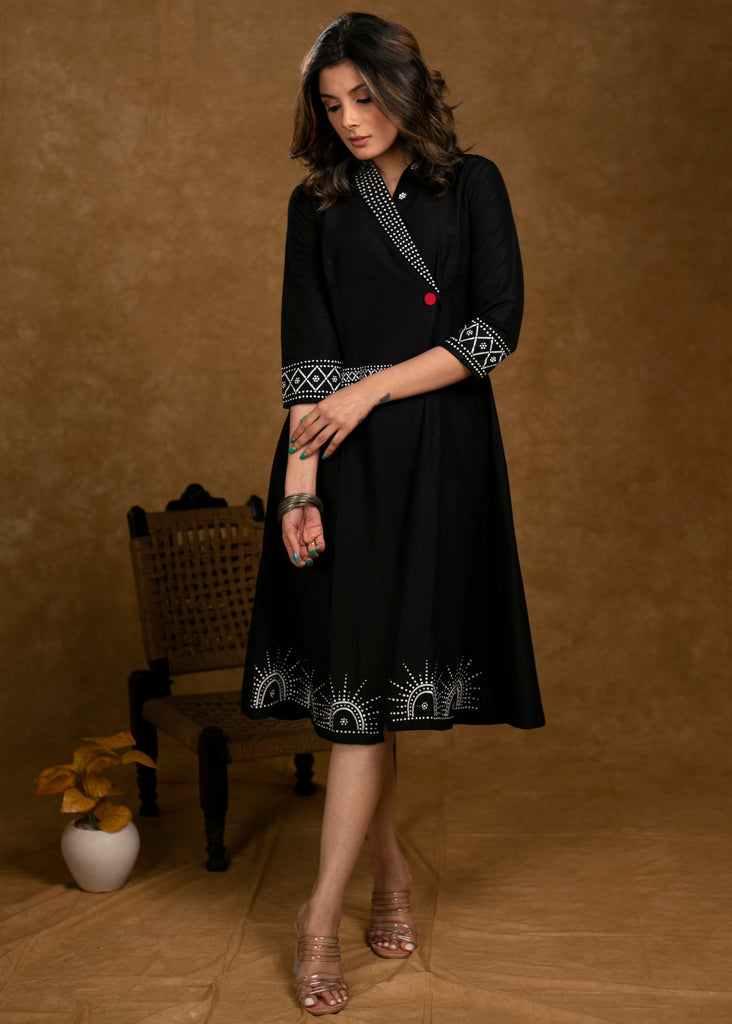 ON-SALE-chique-black-cotton-silk-overlap-hand-painted-dress