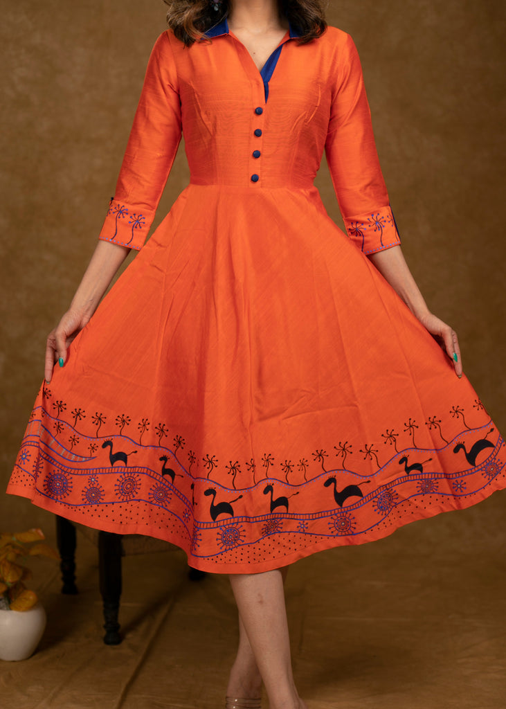 Exclusive Orange Cotton Silk Dress with Gond Painting on Hemline and Sleeves