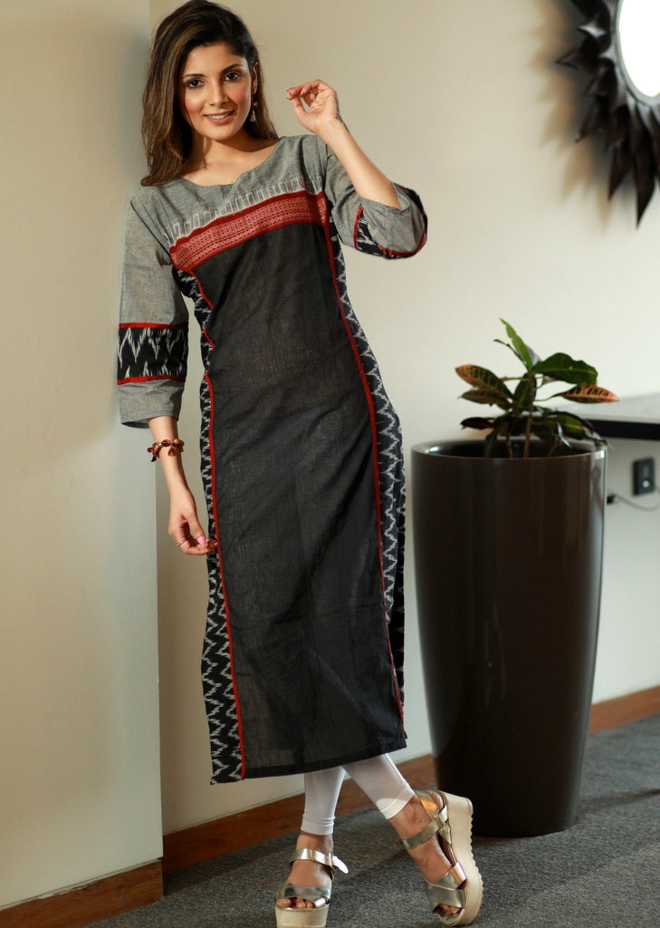 Black Straight cut Handloom cotton kurta with Ikkat and contrasting Border