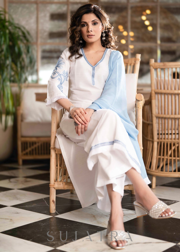 Elegant White Cotton Silk Pant & Kurta With Blue Embroidery On Sleeves & Hemline -  Dupatta Optional