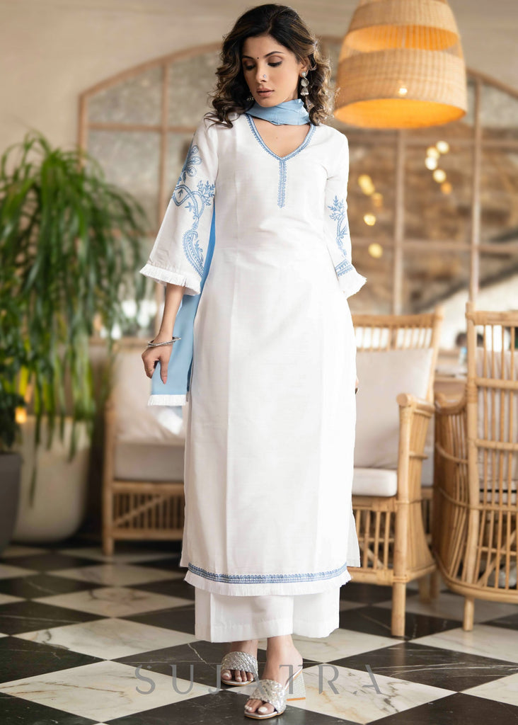 Elegant White Cotton Silk Pant & Kurta With Blue Embroidery On Sleeves & Hemline -  Dupatta Optional