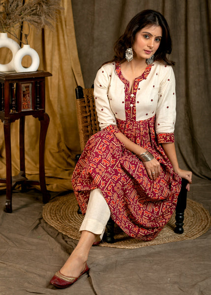 Gracious Wine Cotton Ajrakh Animal Print Kurta with Hand Embroidered Yoke - Pant Optional