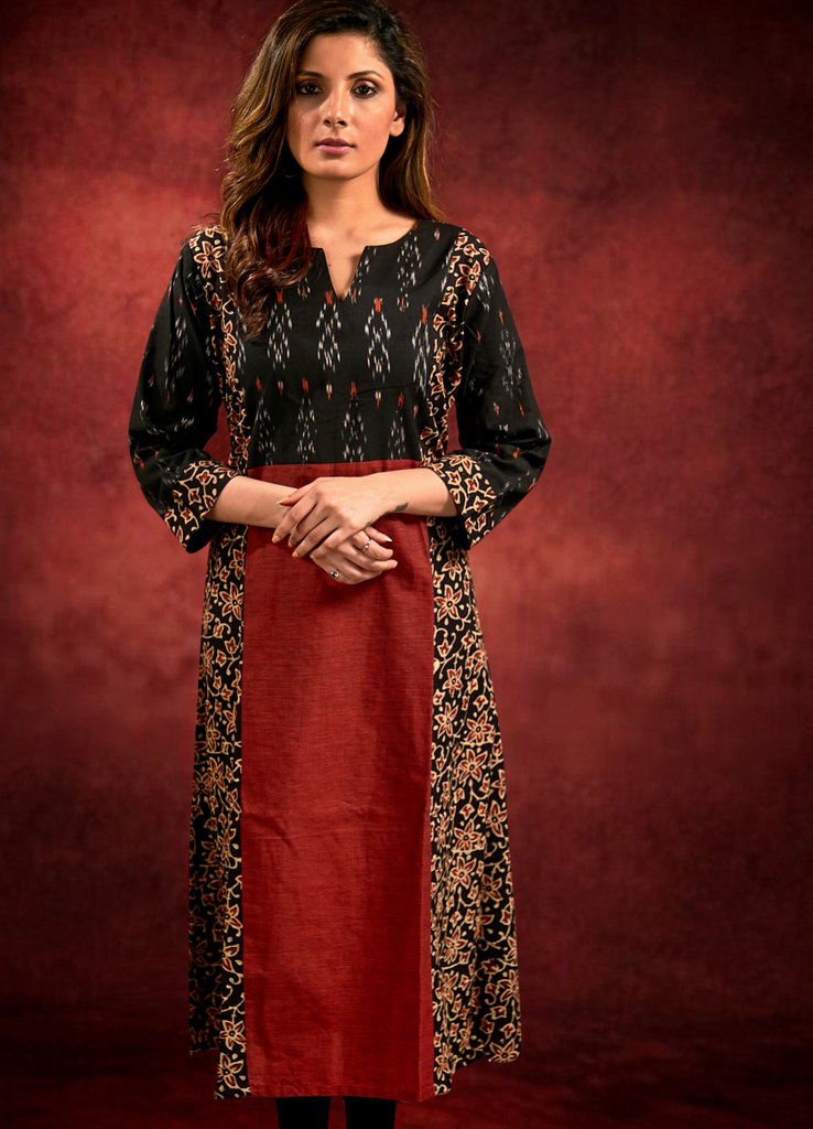 Cotton Ajrakh, Ikkat and Maroon Combination Kurta