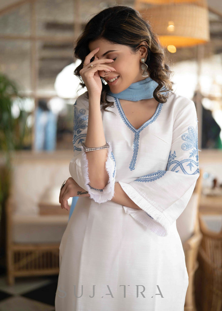 Elegant White Cotton Silk Pant & Kurta With Blue Embroidery On Sleeves & Hemline -  Dupatta Optional