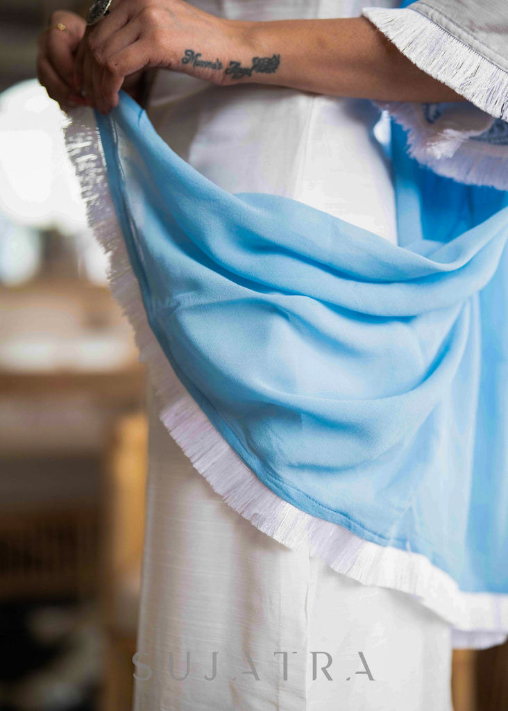 Elegant White Cotton Silk Pant & Kurta With Blue Embroidery On Sleeves & Hemline -  Dupatta Optional