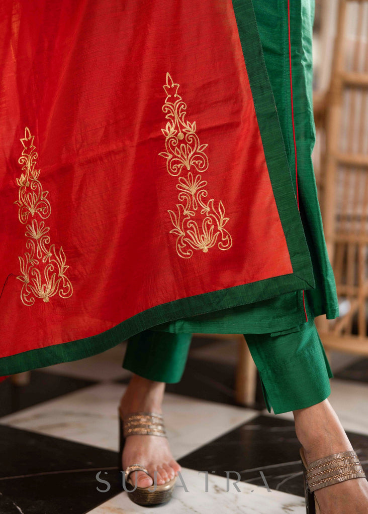 Elegant Emerald Green Cotton Silk pant & Kurta With Red Thread work On Neckline & Sleeves -  Dupatta Optional