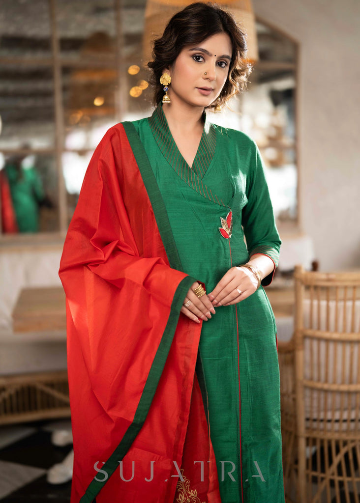 Elegant Emerald Green Cotton Silk pant & Kurta With Red Thread work On Neckline & Sleeves -  Dupatta Optional