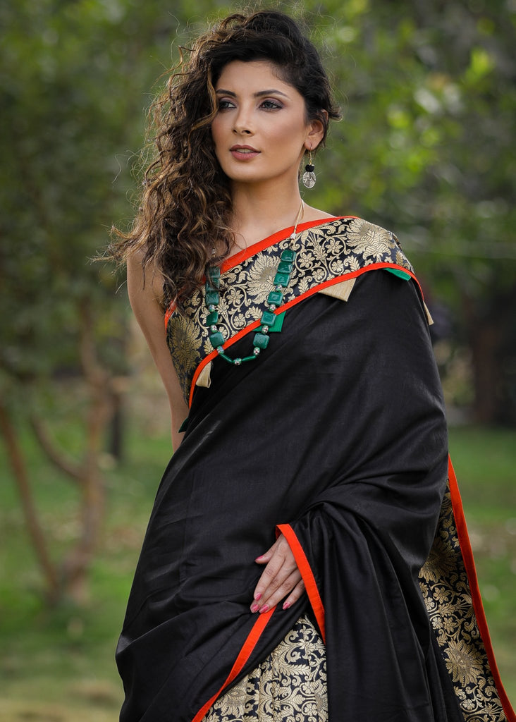 Black semi silk saree with exclusive benarasi pleats & border