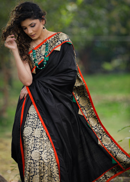 Black semi silk saree with exclusive benarasi pleats & border