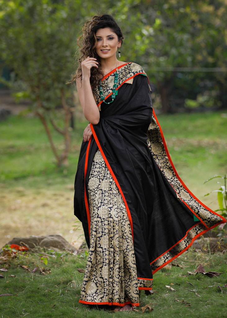 Black semi silk saree with exclusive benarasi pleats & border